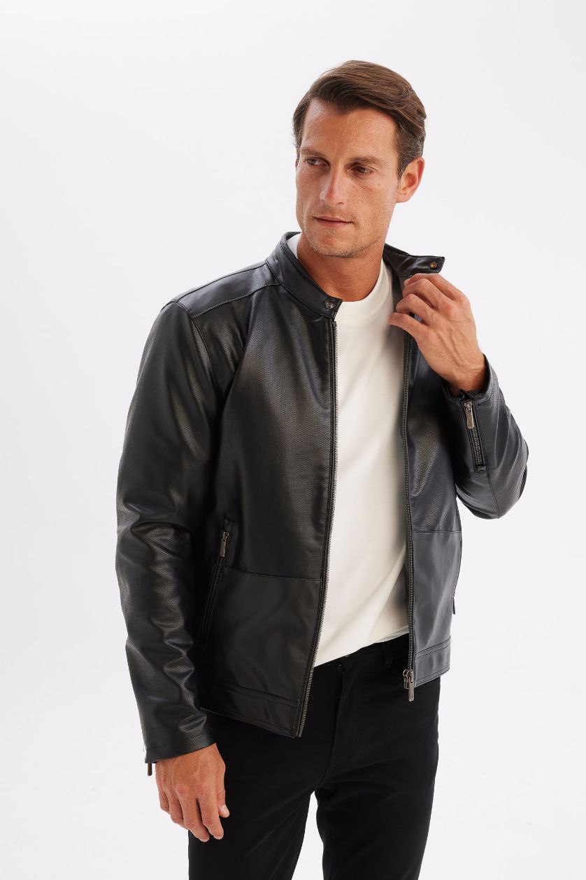 رجالي أسود جاكيت جلد صناعي خفيف سليم فيت بياقة عالية مبطن