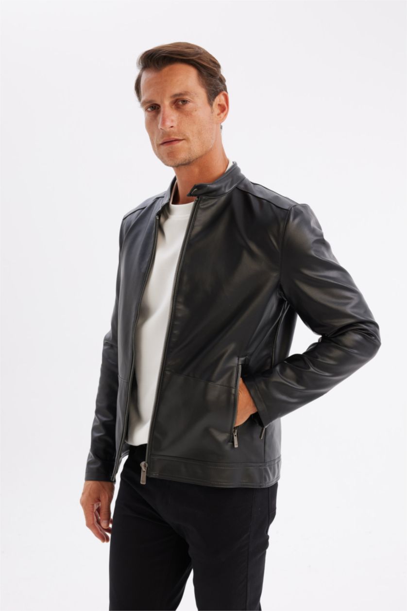 رجالي أسود جاكيت جلد صناعي خفيف سليم فيت بياقة عالية مبطن