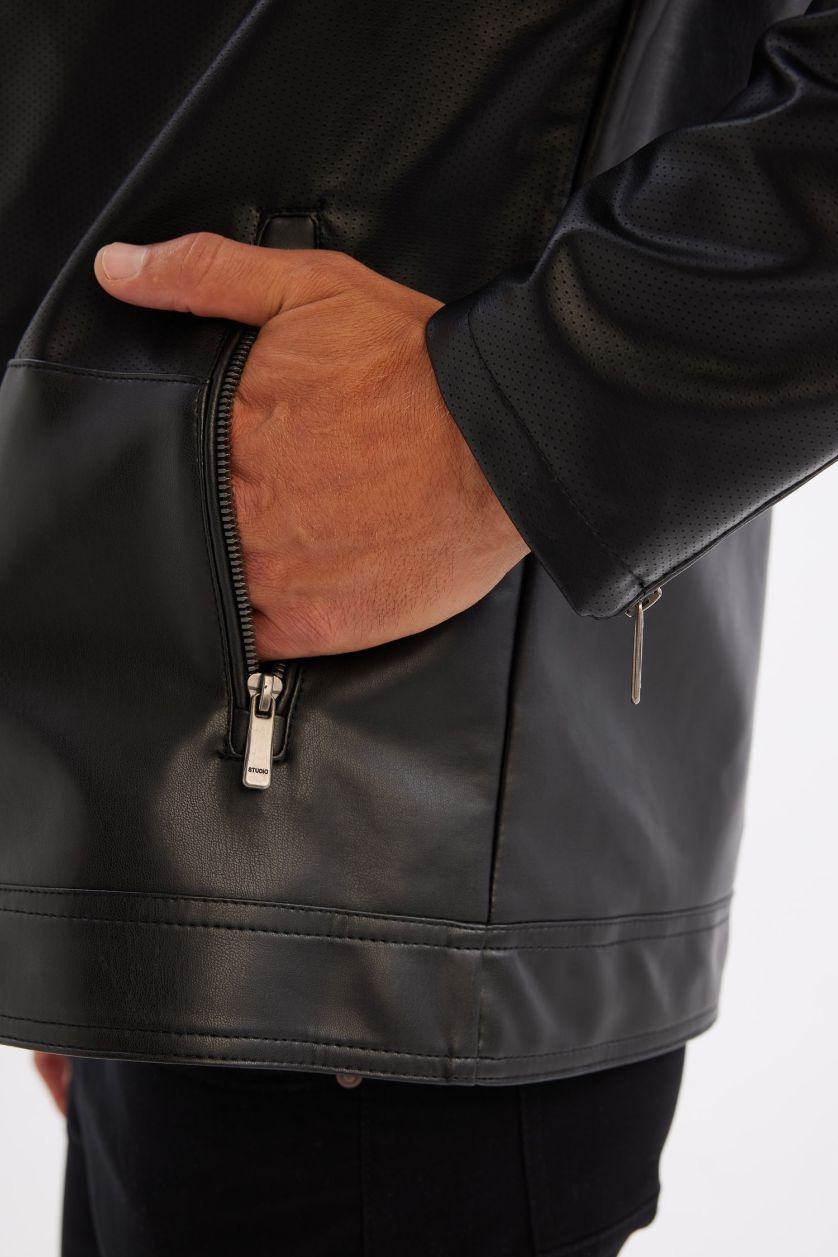 رجالي أسود جاكيت جلد صناعي خفيف سليم فيت بياقة عالية مبطن