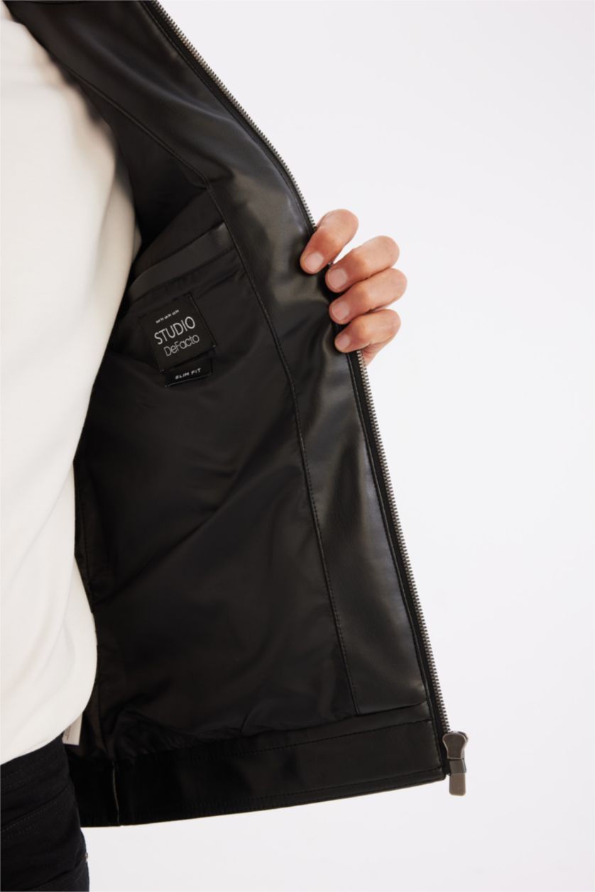 رجالي أسود جاكيت جلد صناعي خفيف سليم فيت بياقة عالية مبطن