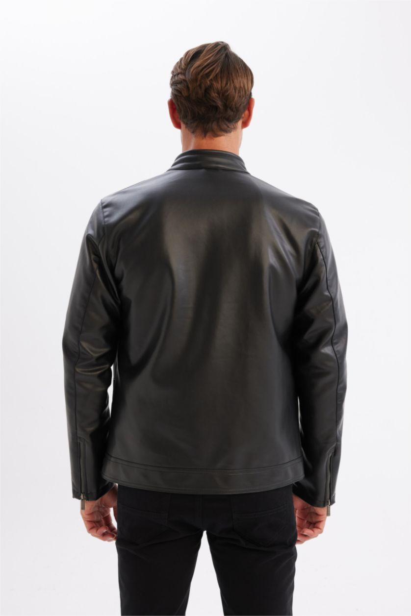 رجالي أسود جاكيت جلد صناعي خفيف سليم فيت بياقة عالية مبطن