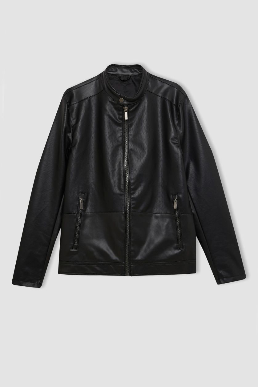 رجالي أسود جاكيت جلد صناعي خفيف سليم فيت بياقة عالية مبطن