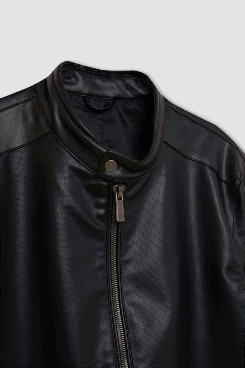 رجالي أسود جاكيت جلد صناعي خفيف سليم فيت بياقة عالية مبطن