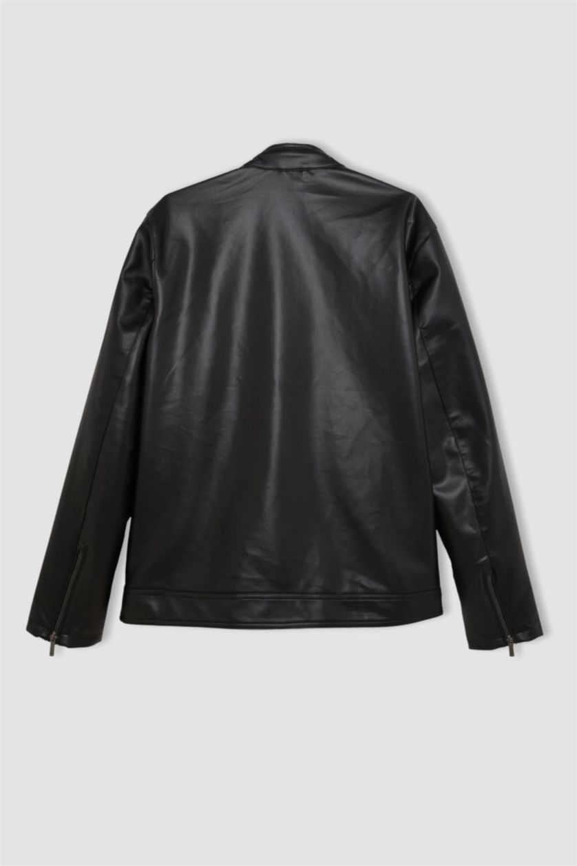 رجالي أسود جاكيت جلد صناعي خفيف سليم فيت بياقة عالية مبطن