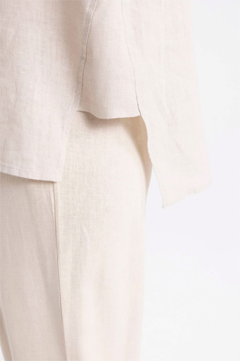 نساء بيج تونيك كتان كم طويل قصة مريحة