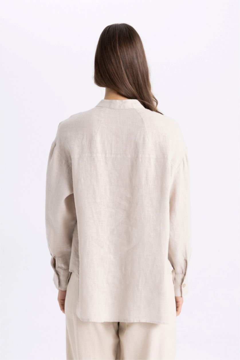 نساء بيج تونيك كتان كم طويل قصة مريحة