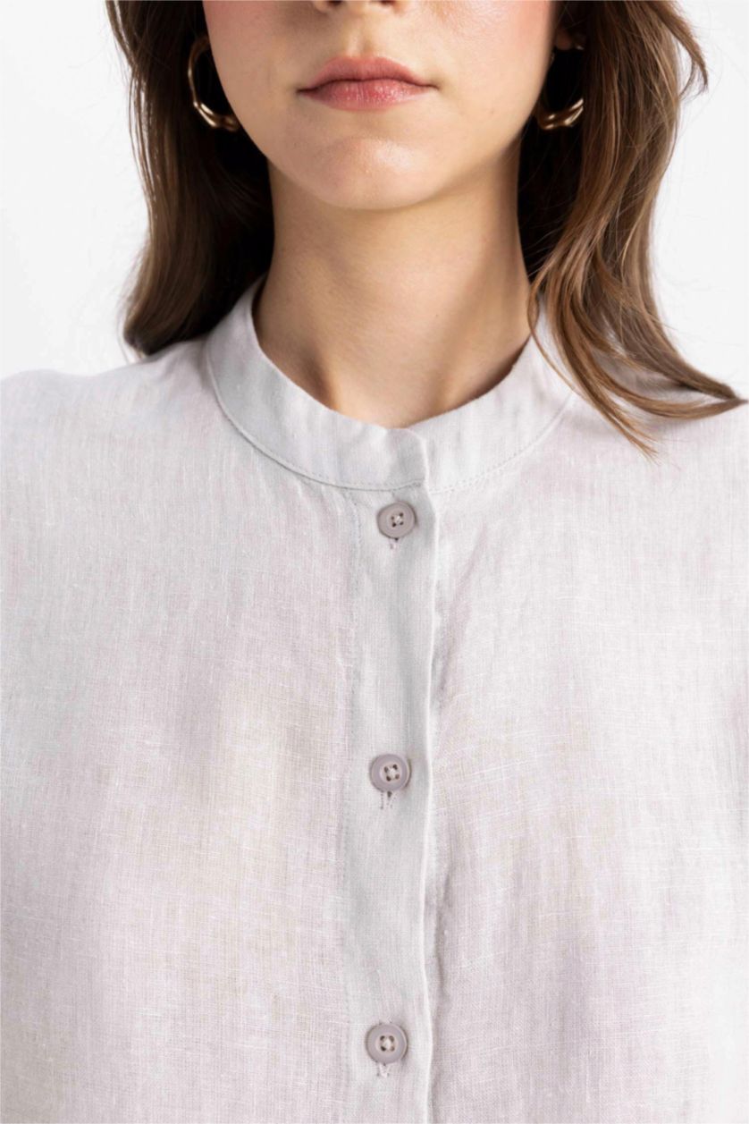 Kadın Açık Gri Relax Fit Keten Uzun Kollu Gömlek Tunik