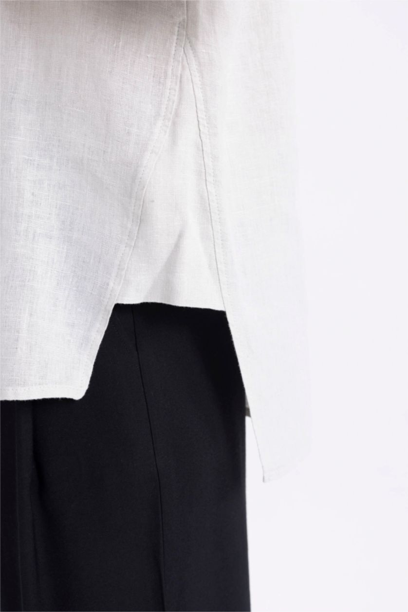 Kadın Açık Gri Relax Fit Keten Uzun Kollu Gömlek Tunik