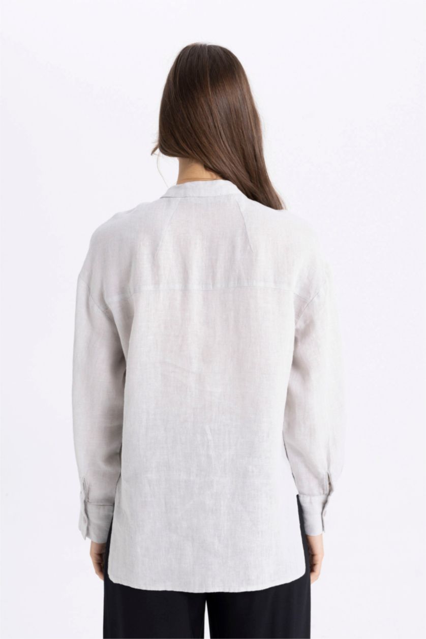 Kadın Açık Gri Relax Fit Keten Uzun Kollu Gömlek Tunik