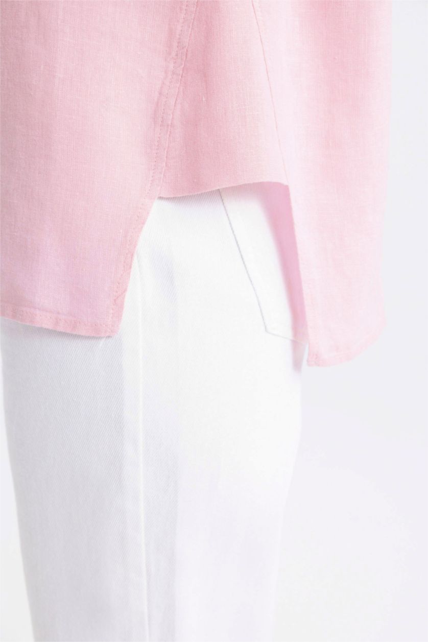 حريمي زهري تونيك كتان كم طويل قصة مريحة