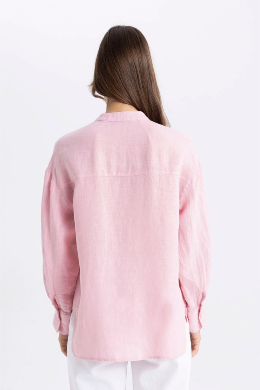 حريمي زهري تونيك كتان كم طويل قصة مريحة