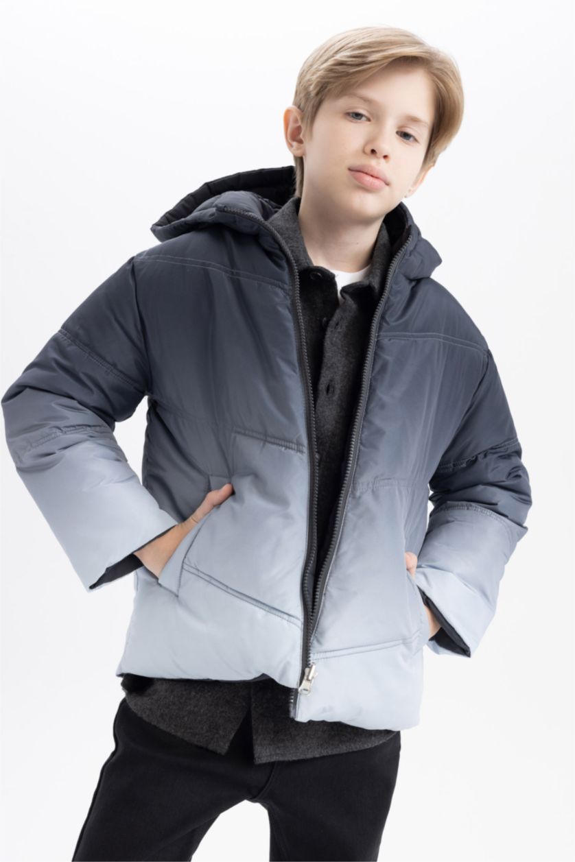 Erkek Çocuk - Genç Erkek Antrasit Su Geçirmez Çift Taraflı Kapüşonlu Şişme Mont Erkek Çocuk
