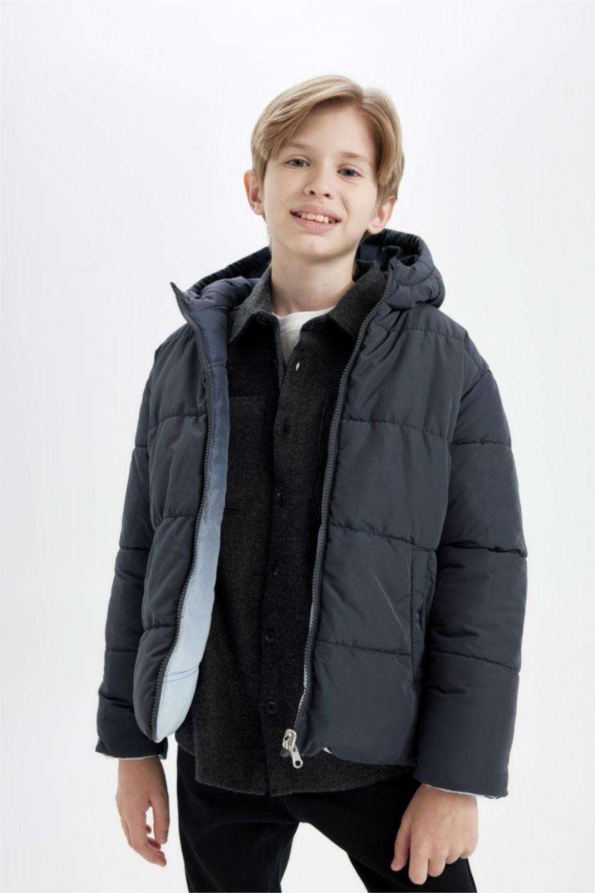 Erkek Çocuk - Genç Erkek Antrasit Su Geçirmez Çift Taraflı Kapüşonlu Şişme Mont Erkek Çocuk