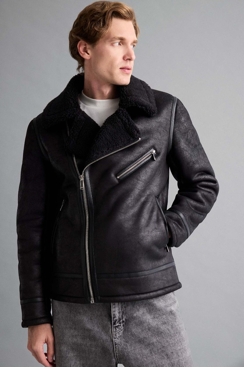Erkek Siyah Slim Fit Dar Kesim Suni Kürk Astarlı Fermuarlı Cepli Süet Deri Kışlık Ceket Mont