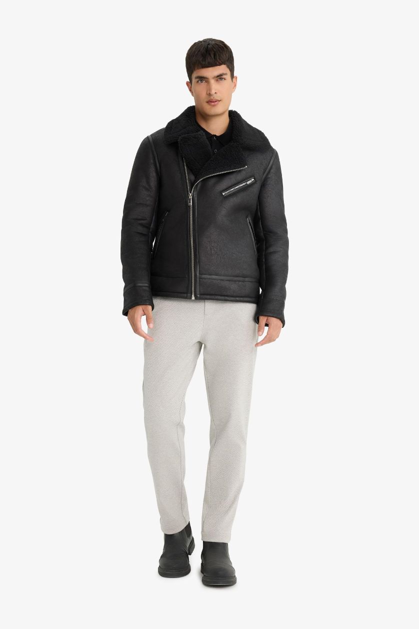 Erkek Siyah Slim Fit Dar Kesim Suni Kürk Astarlı Fermuarlı Cepli Süet Deri Kışlık Ceket Mont