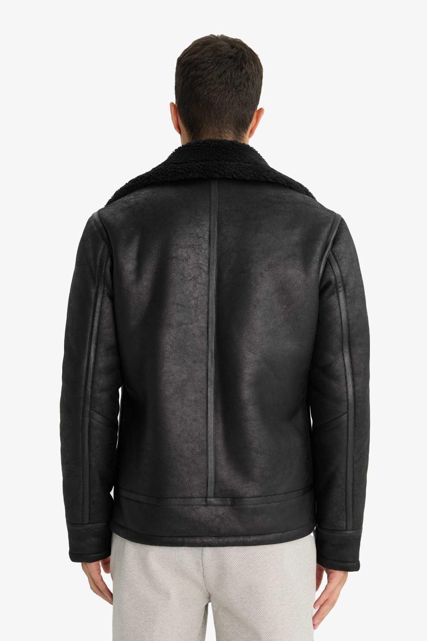 Erkek Siyah Slim Fit Dar Kesim Suni Kürk Astarlı Fermuarlı Cepli Süet Deri Kışlık Ceket Mont