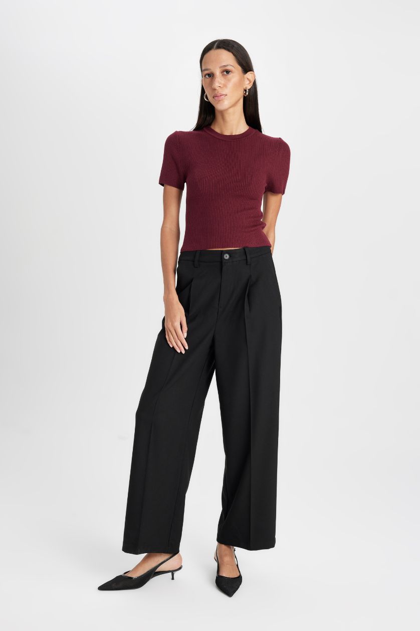 Kadın Bordo Crop Bisiklet Yaka Basic Düz Fitilli Kısa Kollu Triko Kazak