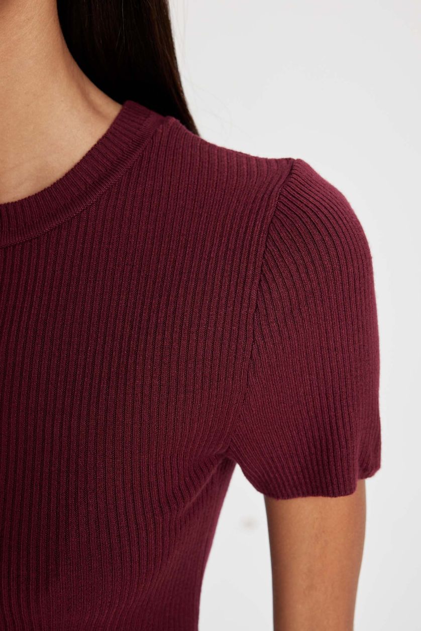 Kadın Bordo Crop Bisiklet Yaka Basic Düz Fitilli Kısa Kollu Triko Kazak