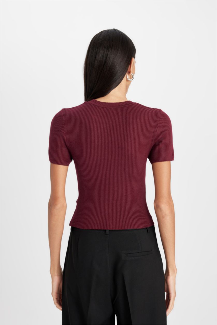 Kadın Bordo Crop Bisiklet Yaka Basic Düz Fitilli Kısa Kollu Triko Kazak