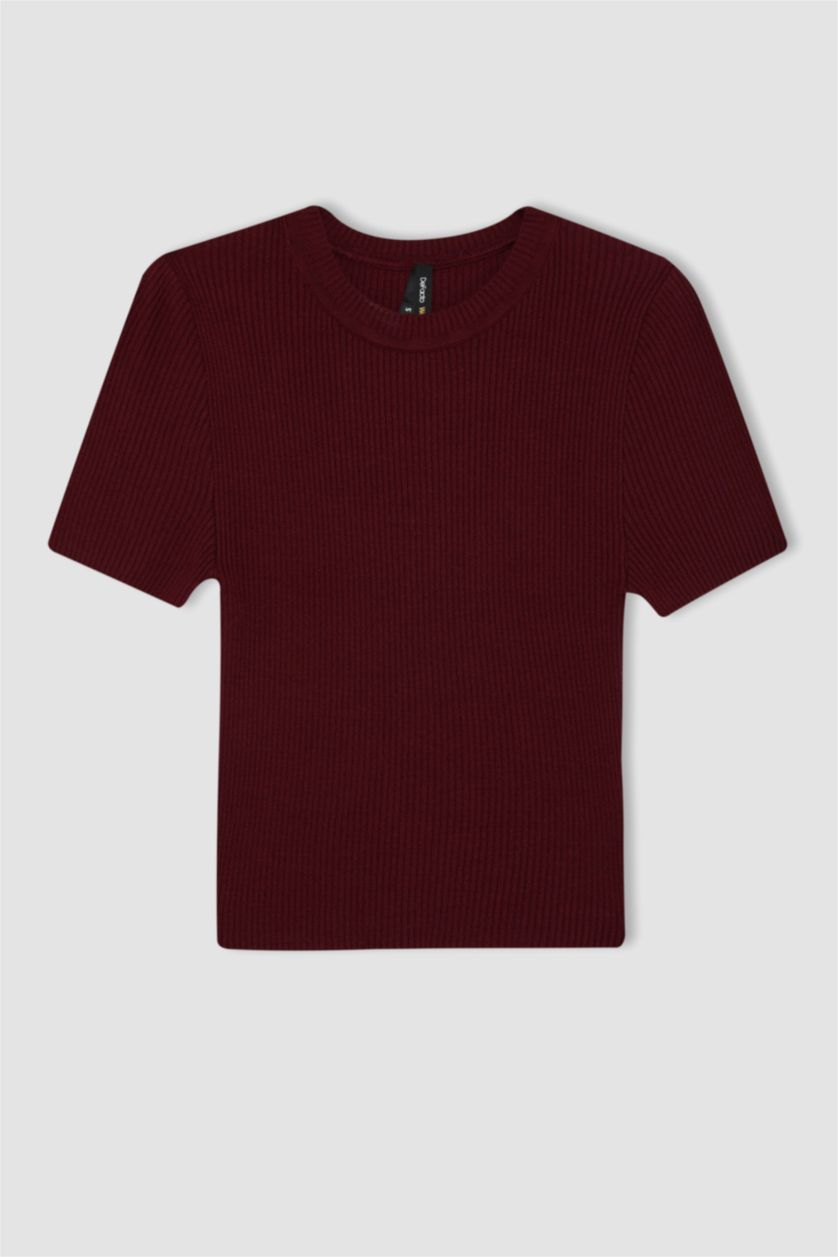 Kadın Bordo Crop Bisiklet Yaka Basic Düz Fitilli Kısa Kollu Triko Kazak