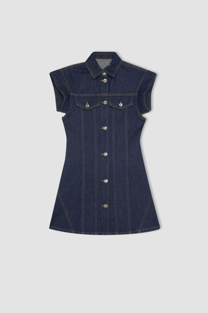 نساء أزرق غامق فستان قصير جينز نص كم