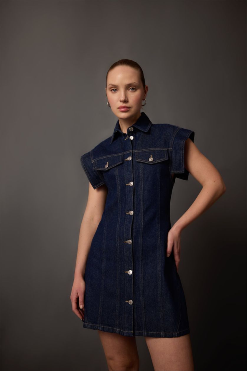 نساء أزرق غامق فستان قصير جينز نص كم