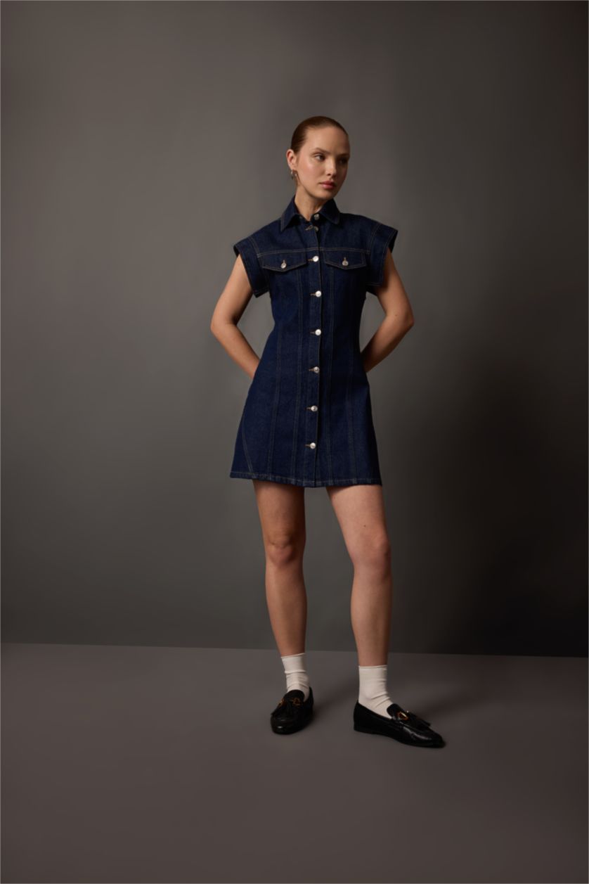 نساء أزرق غامق فستان قصير جينز نص كم