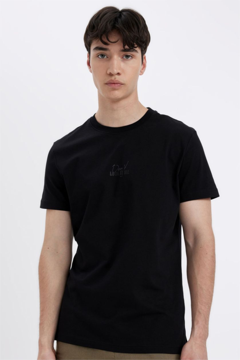 Erkek Siyah Slım Fıt Bisiklet Yaka Baskılı Kısa Kollu Tişört