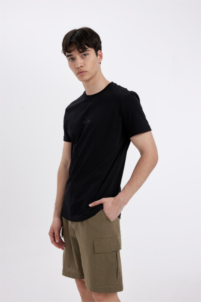 Erkek Siyah Slım Fıt Bisiklet Yaka Baskılı Kısa Kollu Tişört