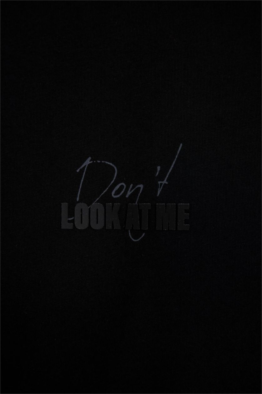 Erkek Siyah Slım Fıt Bisiklet Yaka Baskılı Kısa Kollu Tişört