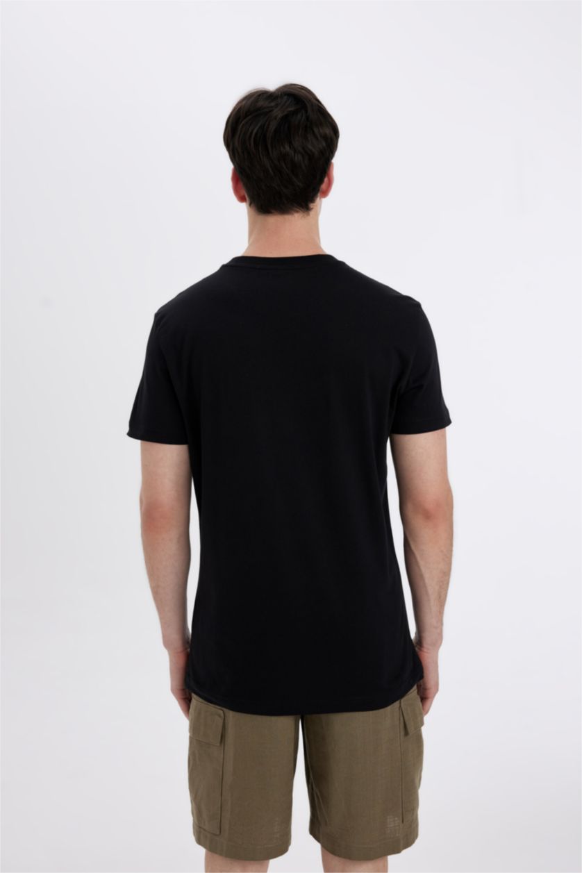 Erkek Siyah Slım Fıt Bisiklet Yaka Baskılı Kısa Kollu Tişört