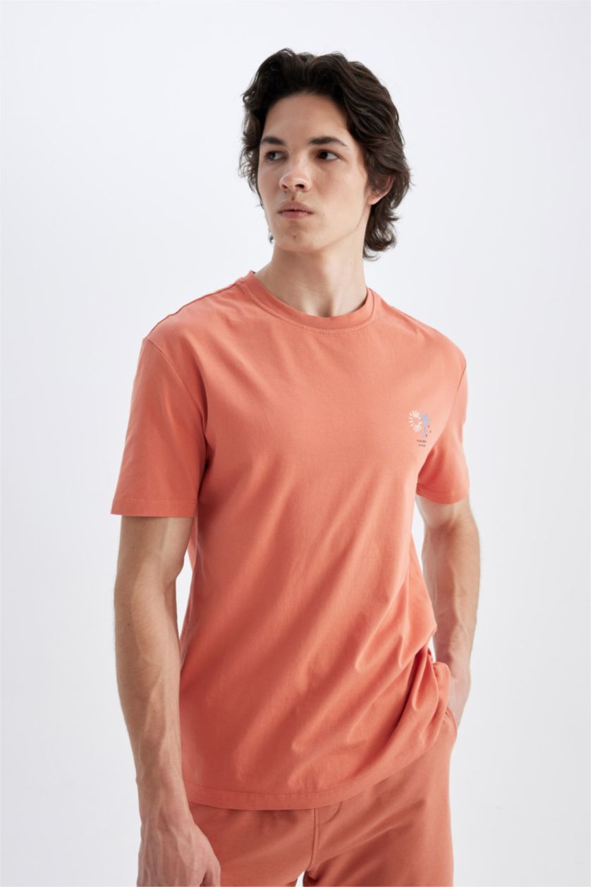 Erkek Turuncu Regular Fit Bisiklet Yaka Baskılı Kısa Kollu Tişört