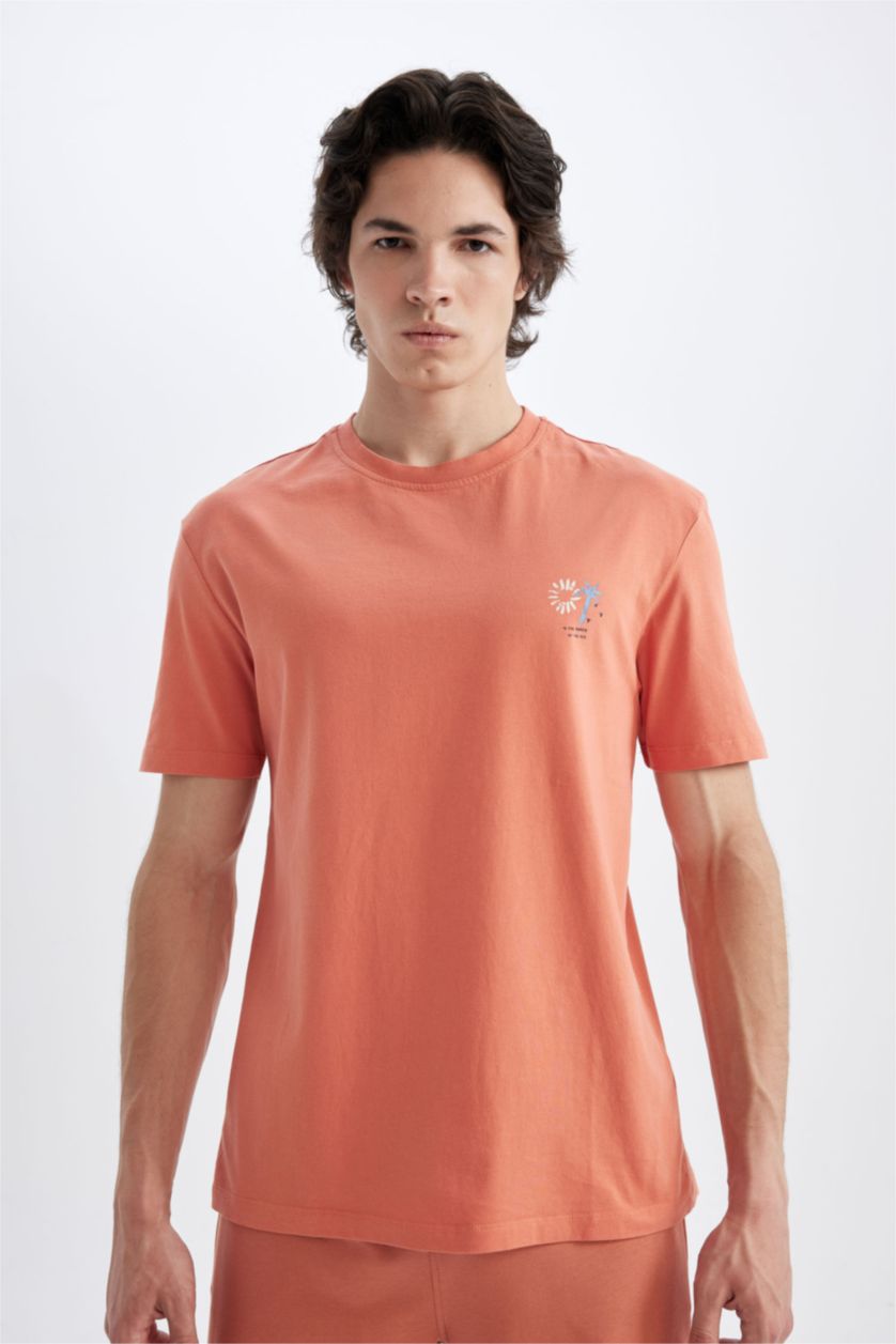Erkek Turuncu Regular Fit Bisiklet Yaka Baskılı Kısa Kollu Tişört