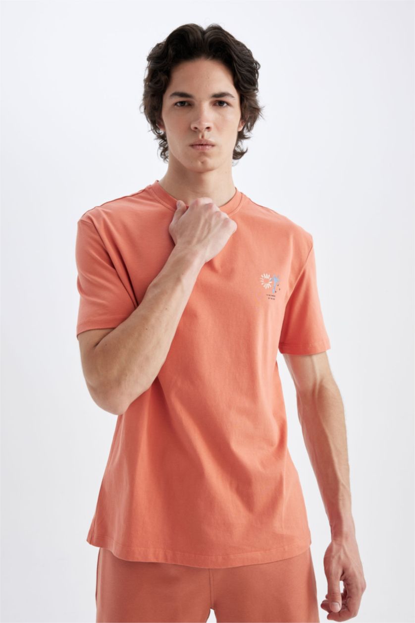 Erkek Turuncu Regular Fit Bisiklet Yaka Baskılı Kısa Kollu Tişört