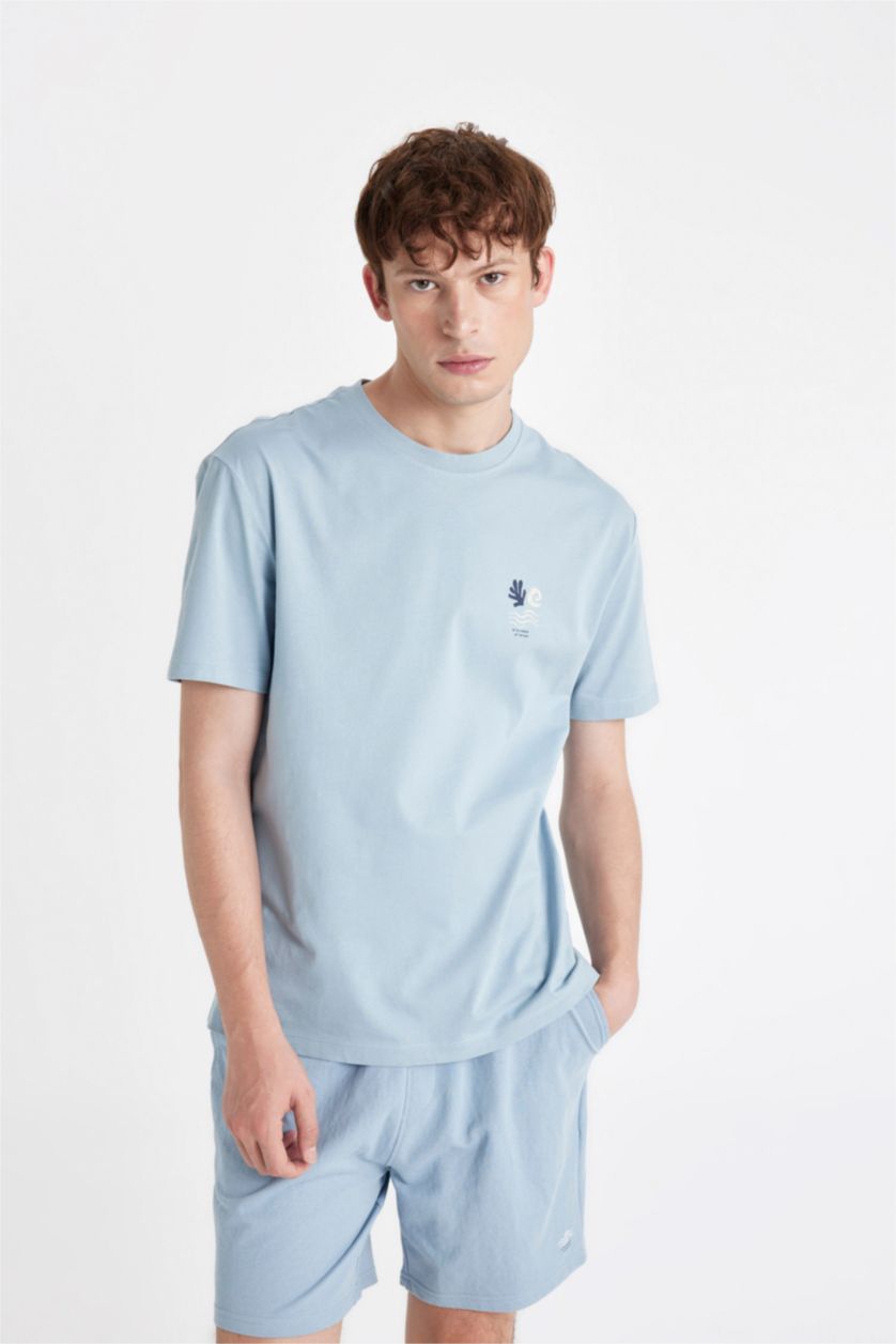 Erkek Açık Mavi Regular Fit Bisiklet Yaka Baskılı Kısa Kollu Tişört