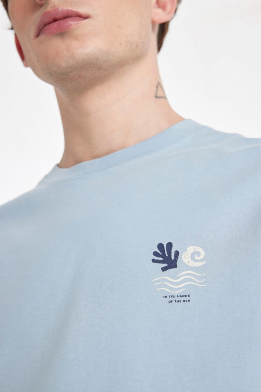 Erkek Açık Mavi Regular Fit Bisiklet Yaka Baskılı Kısa Kollu Tişört