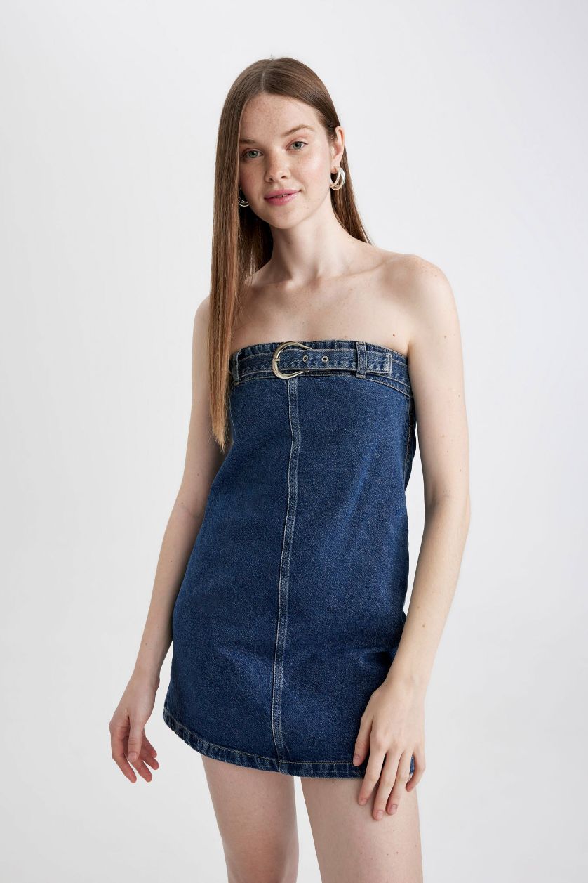 FEMME Bleu Foncé Mini Robe Jean sans Bretelles