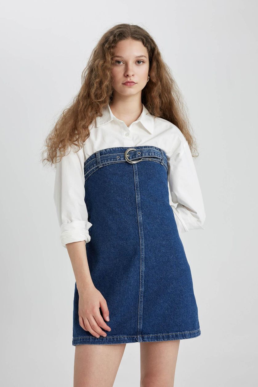 FEMME Bleu Foncé Mini Robe Jean sans Bretelles