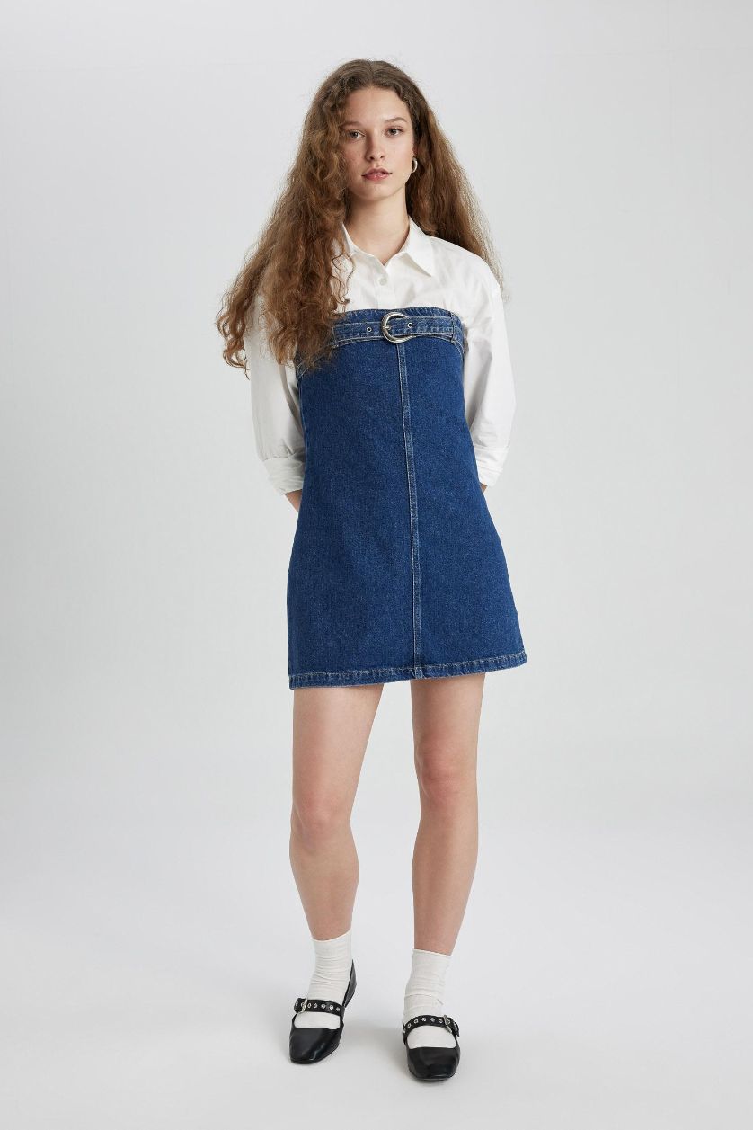 FEMME Bleu Foncé Mini Robe Jean sans Bretelles