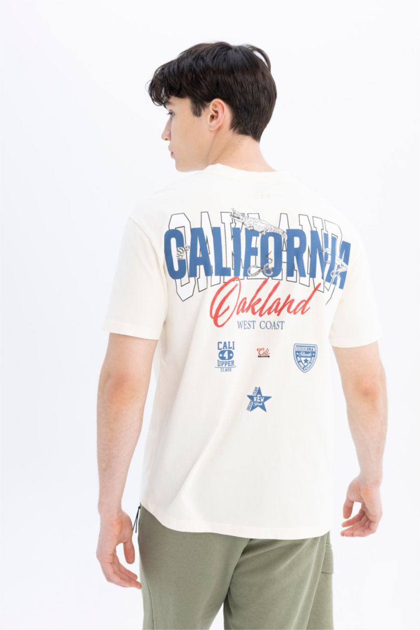 Man Ecru Regular Fit Crew Neck Back Printed T-Shirt