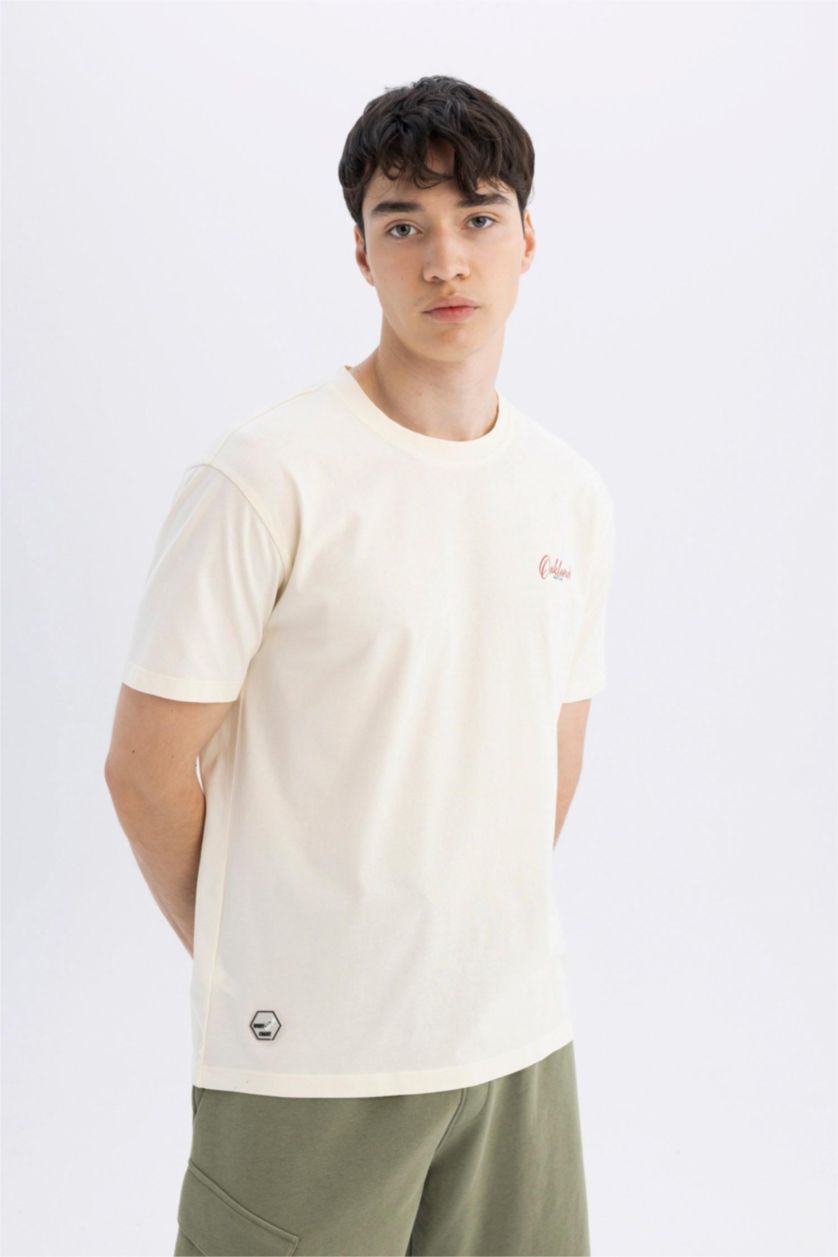 Man Ecru Regular Fit Crew Neck Back Printed T-Shirt