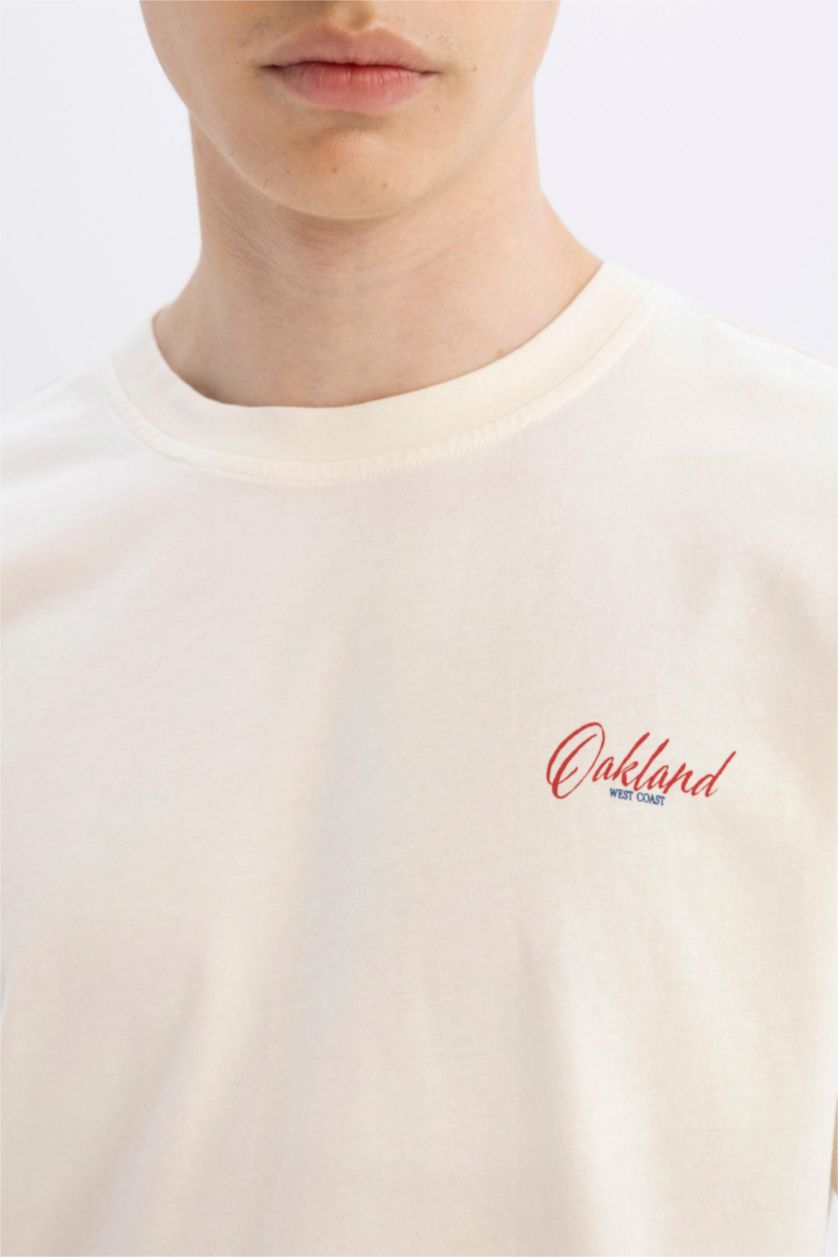 Man Ecru Regular Fit Crew Neck Back Printed T-Shirt