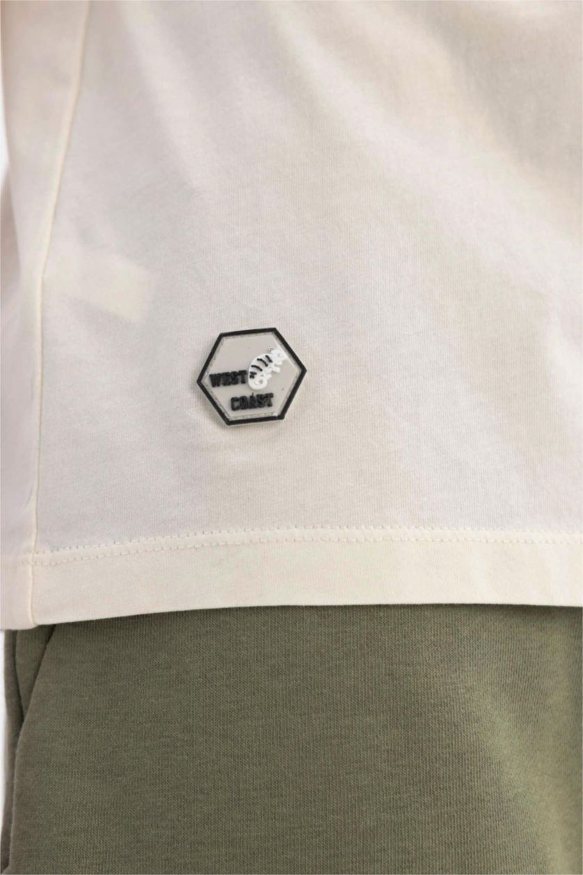 Man Ecru Regular Fit Crew Neck Back Printed T-Shirt