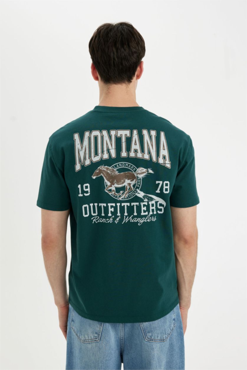 Erkek Koyu Yeşil %100 Pamuk Regular Fit Bisiklet Yaka Sırt Baskılı Kısa Kollu Tişört