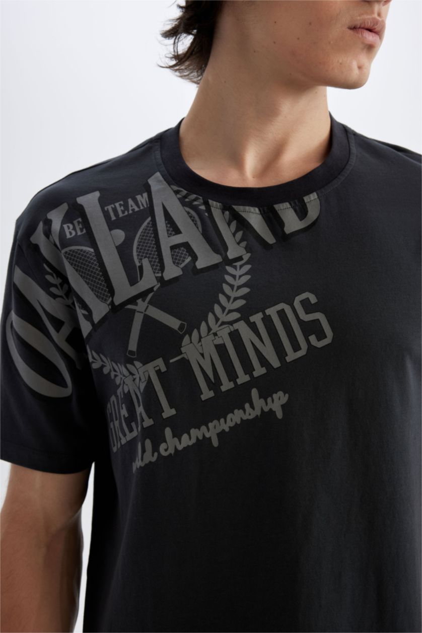 Erkek Antrasit %100 Pamuk Regular Fit Bisiklet Yaka Baskılı Kısa Kollu Tişört