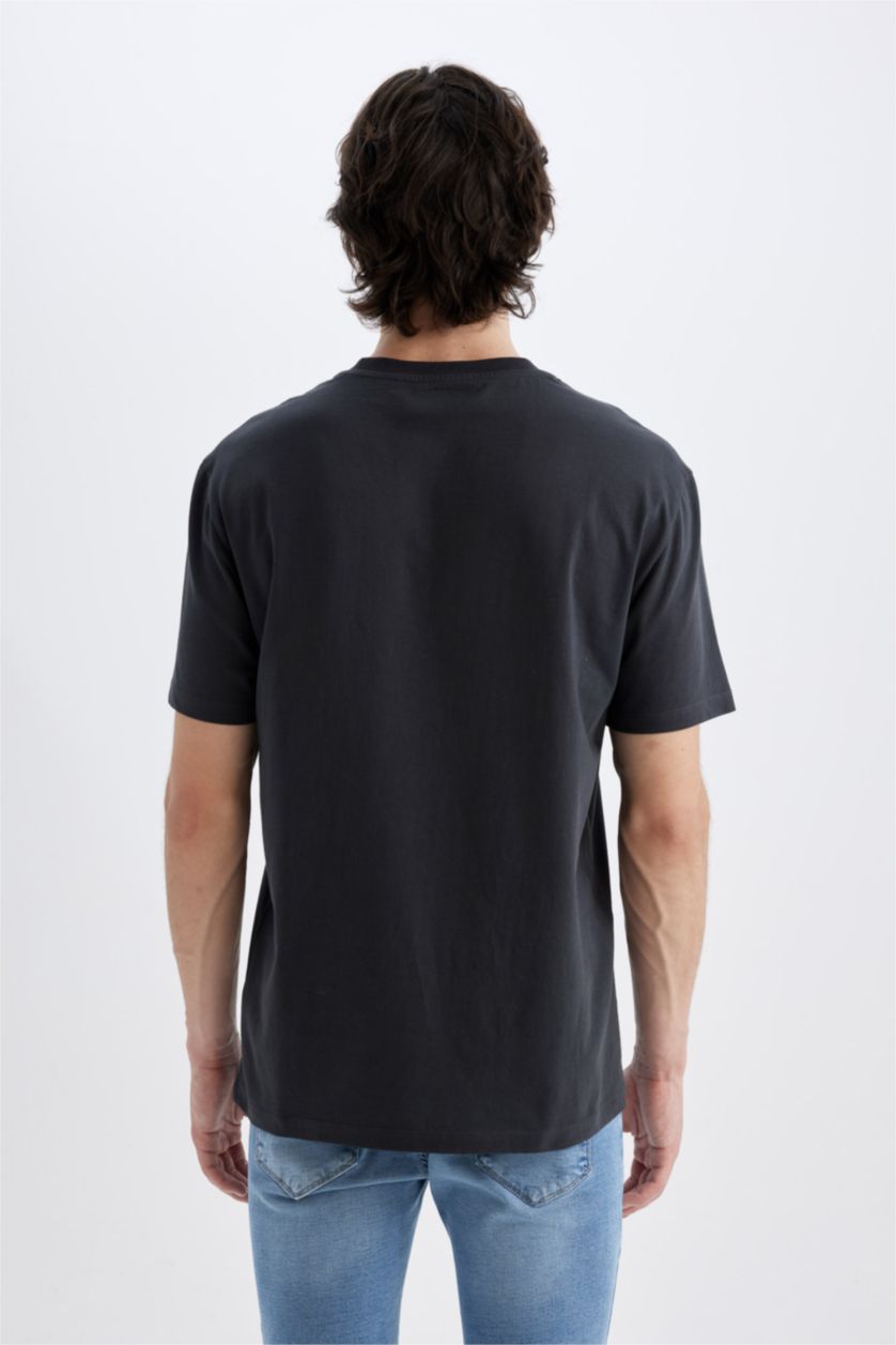 Erkek Antrasit %100 Pamuk Regular Fit Bisiklet Yaka Baskılı Kısa Kollu Tişört