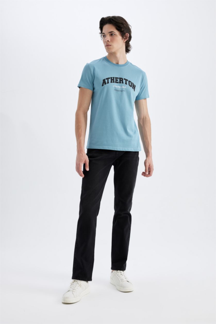 HOMME Bleu T-Shirt Slim Imprimé Manches Courtes Col Rond