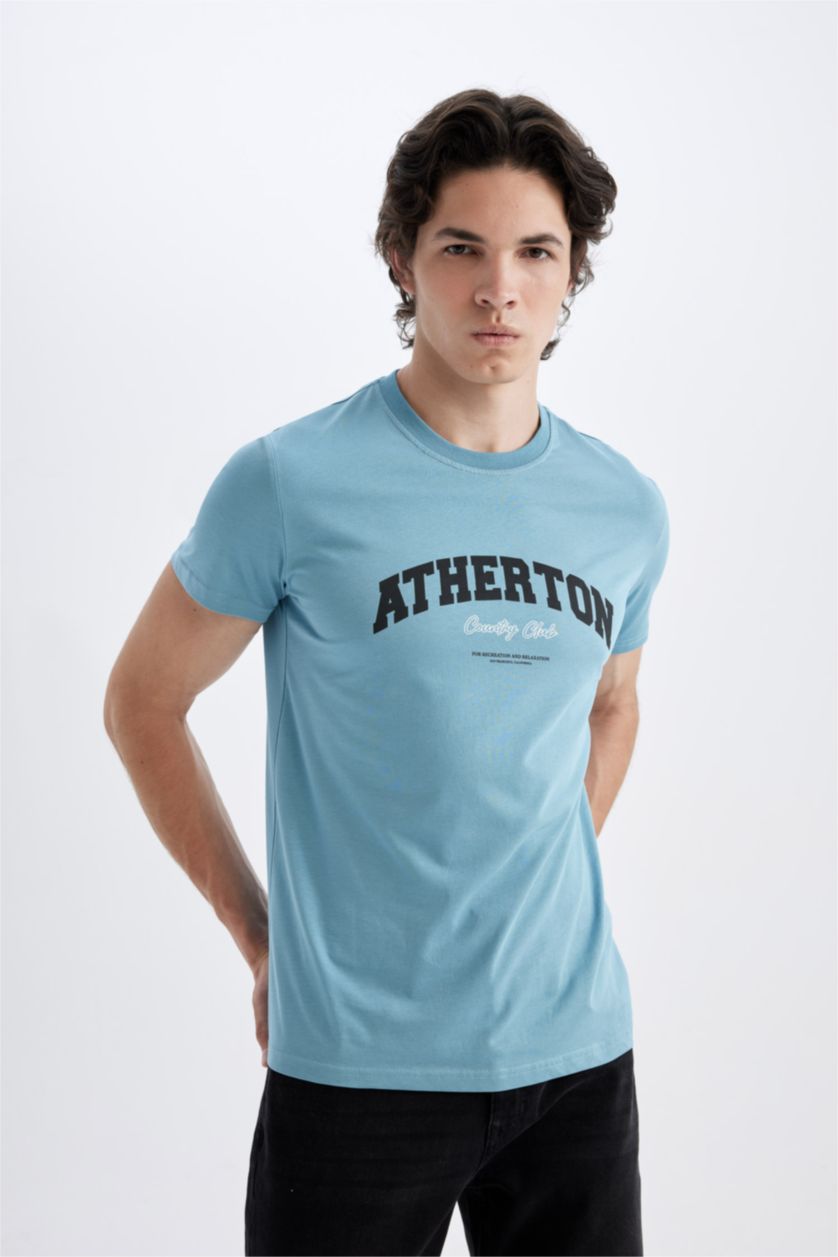 HOMME Bleu T-Shirt Slim Imprimé Manches Courtes Col Rond