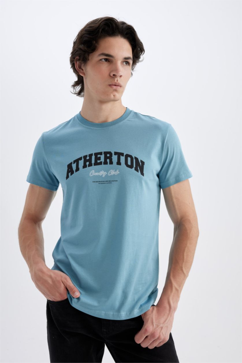 HOMME Bleu T-Shirt Slim Imprimé Manches Courtes Col Rond