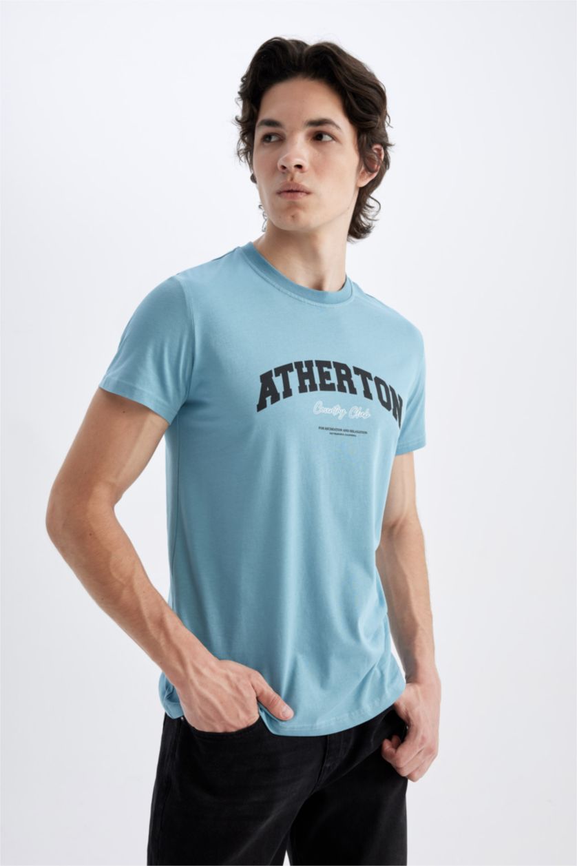 HOMME Bleu T-Shirt Slim Imprimé Manches Courtes Col Rond